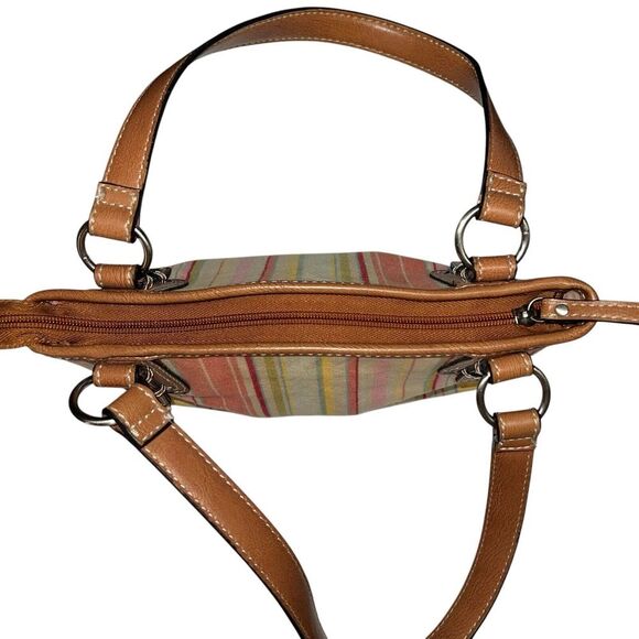 Vintage Fossil‎ Y2K Striped Pastel Fabric Satchel Purse Double Leather Handle - Picture 7 of 14